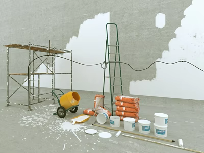 Essential Home Improvement Supplies With Scaffolding Ladder Mortar Bucket And Paint Tools 3d model