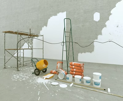Essential Home Improvement Supplies With Scaffolding Ladder Mortar Bucket And Paint Tools 3d model