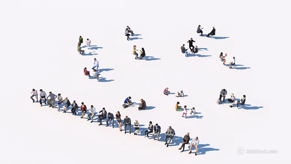 Group of people in various poses relaxing and interacting in outdoor space 3d model 