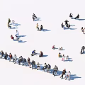 Group of people in various poses relaxing and interacting in outdoor space