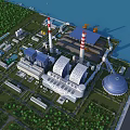 Aerial View Of Industrial Plant With Tall Chimneys Surrounding Greenery And Waterfront Facilities