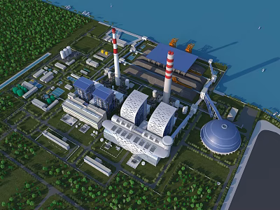 Aerial View Of Industrial Plant With Tall Chimneys Surrounding Greenery And Waterfront Facilities 3d model