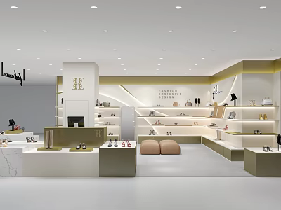 Mall Boutique With White And Gold Design Products On Display Shelves Marble Counter Modern Lighting 3d model