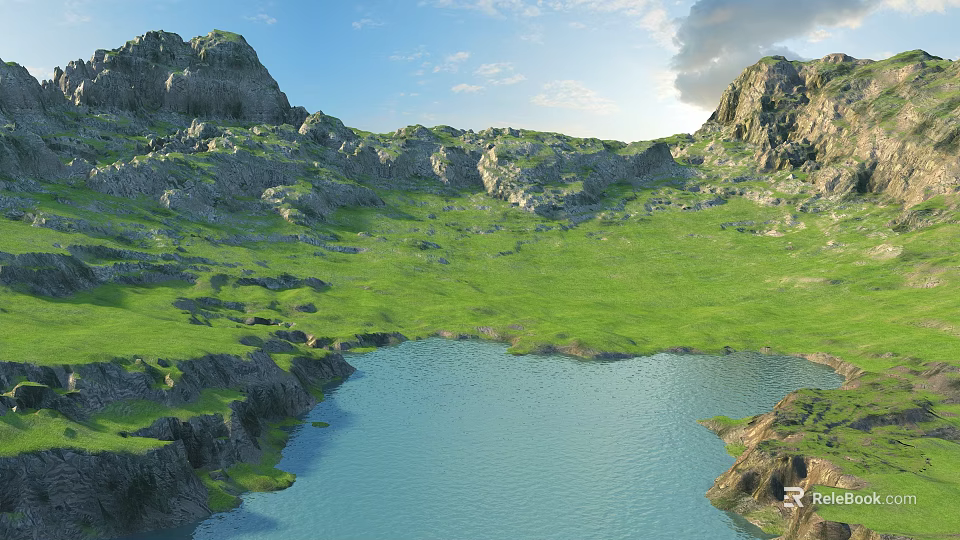Scenic Mountain Landscape With Green Grassland Lake Blue Sky And White Clouds 3d model 