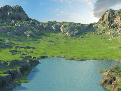 Scenic Mountain Landscape With Green Grassland Lake Blue Sky And White Clouds 3d model