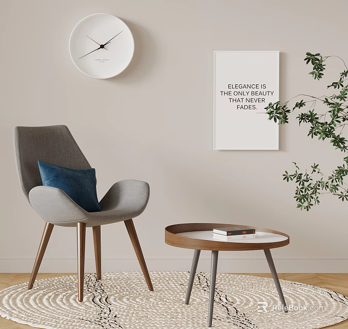 Gray Accent Chair With Blue Cushion Round Wooden Side Table Art Print And Potted Plant 3d model 