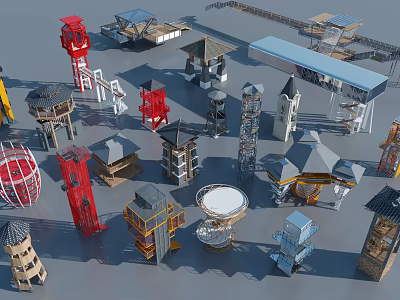 Diverse Tower Models With Various Designs Colors And Shapes Including Domes Spires And Open Structures 3d model