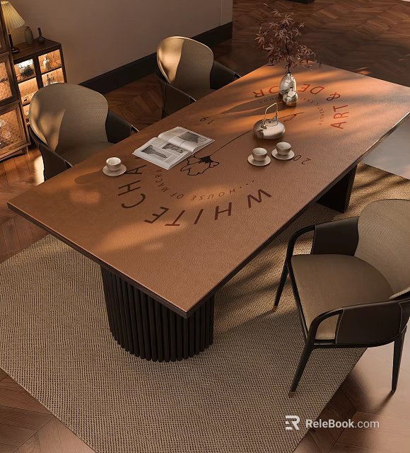Modern Leisure Chair With Beige Upholstery In Dining Table Setting With Tea Set And Magazine 3d model 