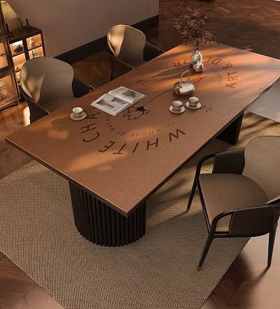 Modern Leisure Chair With Beige Upholstery In Dining Table Setting With Tea Set And Magazine 3d model