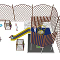 Outdoor Playground Equipment With Yellow Slide Climbing Net And Mesh Fence For Kids