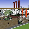 Public Open Area With Wooden Floor Circular Planters Steps And People Walking