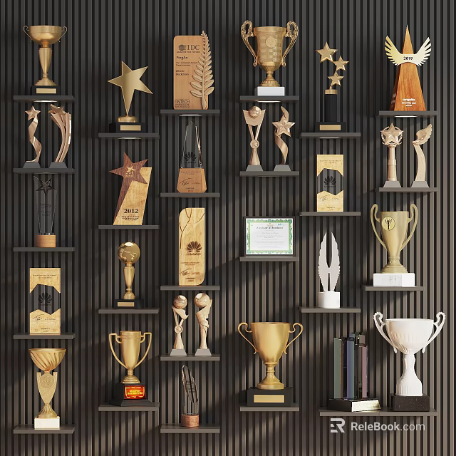 Display of Various Trophies and Medals on Shelves with Different Designs and Styles 3d model 