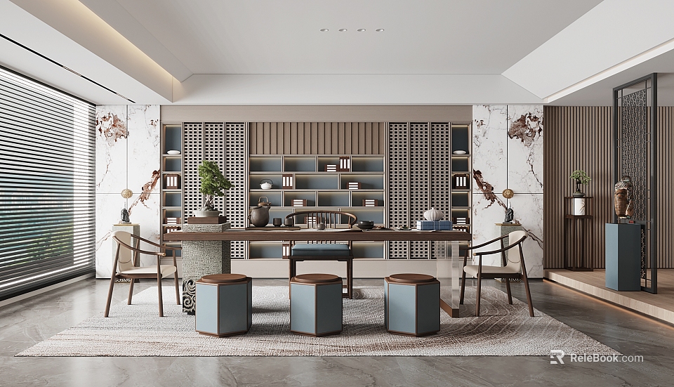 Serene Tea Room Interior With Wooden Shelves Tea Sets And Lattice Screens 3d model 