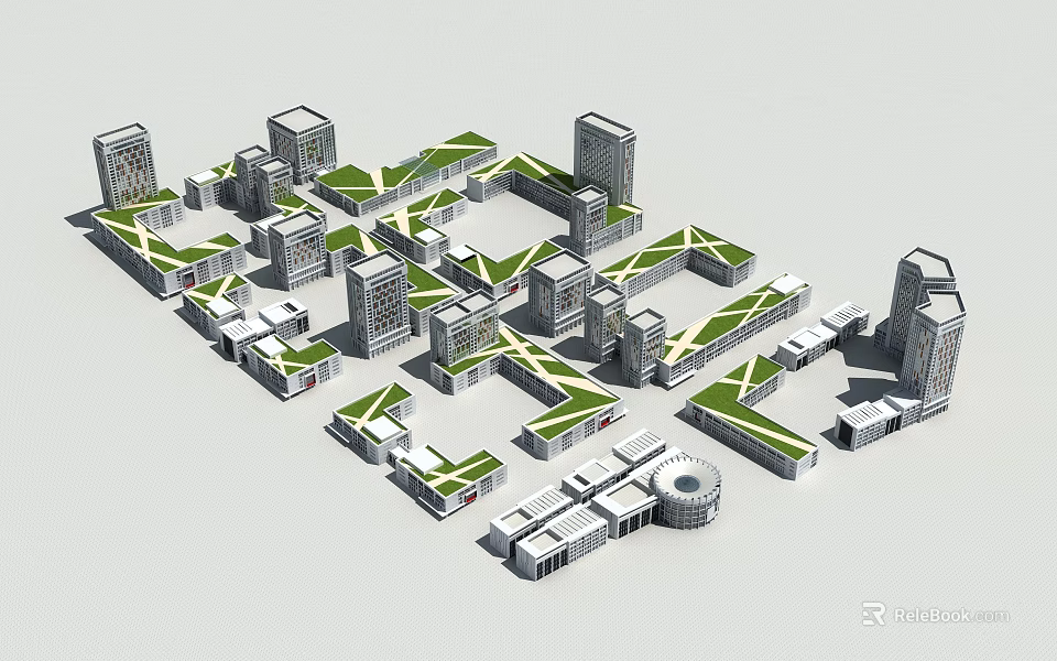 Aerial View Urban Planning With Modern Buildings And Green Spaces Layout 3d model 
