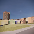 Modern Red Brick School Buildings With Multiple Structures Blue Sky Background And Green Lawn Areas