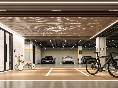 Modern Parking Garage Interior Design With Perforated Ceiling Lights Parking Lines Cars Bicycle And Tricycle 3d model