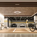 Modern Parking Garage Interior Design With Perforated Ceiling Lights Parking Lines Cars Bicycle And Tricycle