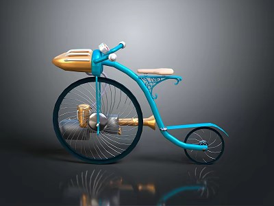 Vintage Blue Bicycle With Gold Accents Large Front Wheel And Small Rear Wheel 3d model