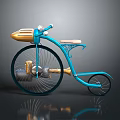 Vintage Blue Bicycle With Gold Accents Large Front Wheel And Small Rear Wheel