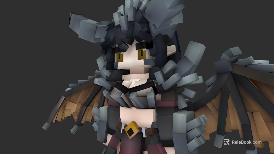 Game Fantasy Character With Blocky Design Black Hair Yellow Eyes Rock Armor And Bat Wings 3d model 