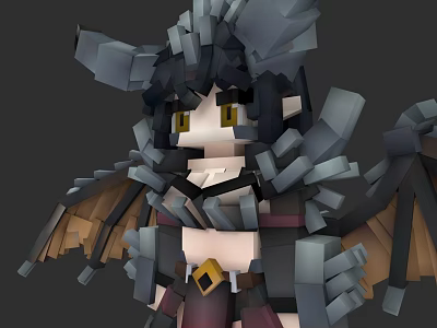 Game Fantasy Character With Blocky Design Black Hair Yellow Eyes Rock Armor And Bat Wings 3d model