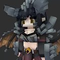 Game Fantasy Character With Blocky Design Black Hair Yellow Eyes Rock Armor And Bat Wings