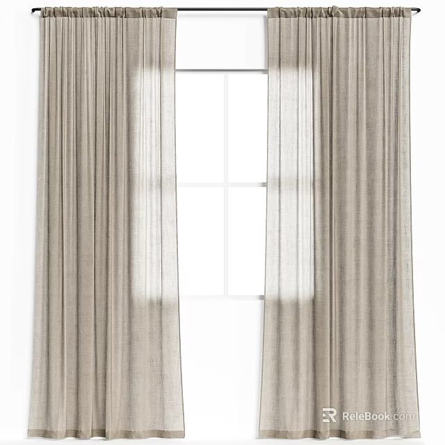 Light Brown Linen Window Curtains With Sheer Panels For Home Decoration 3d model 