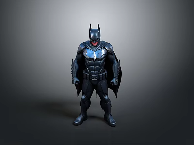 Detailed Batman 3D Model Standing In Black Costume With Blue Emblem And Red Eyes 3d model
