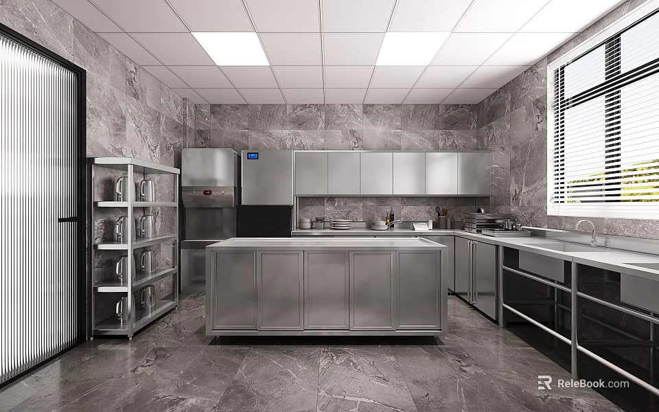 Commercial Kitchen Interior With Stainless Steel Island Cabinets Marble Walls And Ceiling Lights 3d model 