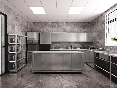 Commercial Kitchen Interior With Stainless Steel Island Cabinets Marble Walls And Ceiling Lights 3d model