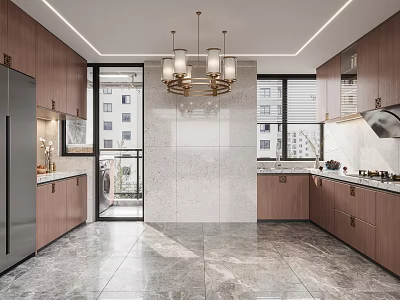 Modern Kitchen Interior With Wooden Cabinets Pendant Lights Gray Marble Floor And Stainless Steel Appliances 3d model