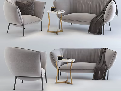 Modern Light Gray Sofa Set With Single Armchair Golden Side Table Dark Throw Blanket 3d model