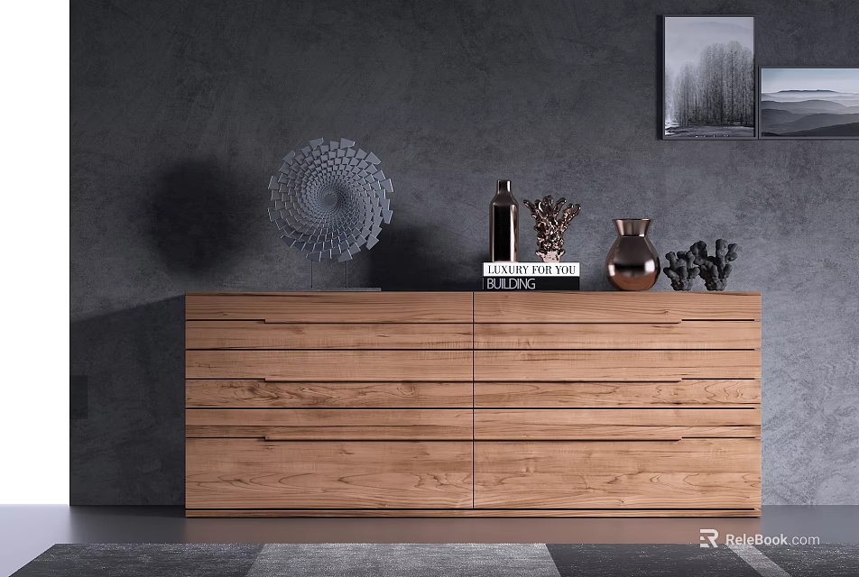 Modern Natural Wood Entryway Sideboard With Decorative Vases And Gray Wall Background 3d model 