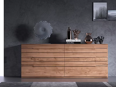 Modern Natural Wood Entryway Sideboard With Decorative Vases And Gray Wall Background 3d model
