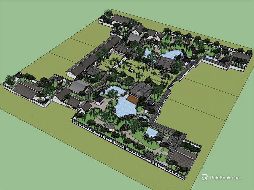 Garden Landscape Design With Traditional Chinese Courtyard Layout Ponds Trees And Buildings 3d model 