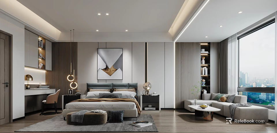 Modern Bedroom Interior Design With Bed Bedside Tables Artwork And Area Rug 3d model