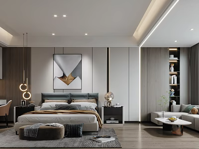Modern Bedroom Interior Design With Bed Bedside Tables Artwork And Area Rug 3d model