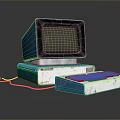 Vintage Computer With Blue Monitor Green Code Display And Red Key Keyboard