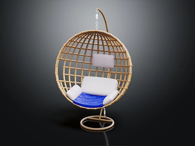 Elegant Rattan Hanging Chair With Round Frame And White And Blue Cushion For Comfortable Seating 3d model