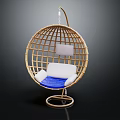 Elegant Rattan Hanging Chair With Round Frame And White And Blue Cushion For Comfortable Seating