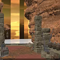 Stone Arch Entrance In Rocky Cave With Lanterns Clay Pots Red Carpet And Sunset