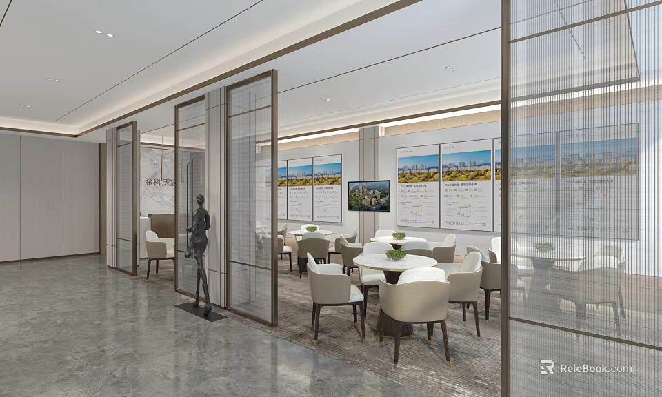 Elegant Modern Boutique Interior With Open Layout Tables Chairs And Screens 3d model 