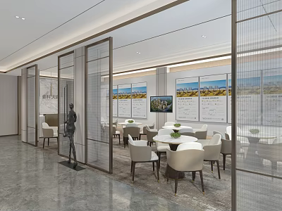 Elegant Modern Boutique Interior With Open Layout Tables Chairs And Screens 3d model