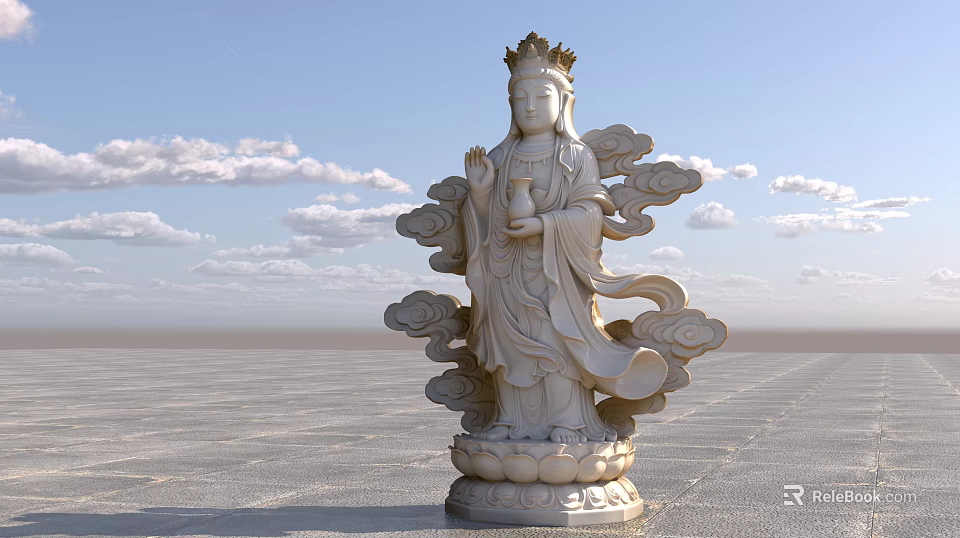 Exquisite Traditional Guanyin Stone Sculpture With Lotus Base And Cloud Patterns 3d model 