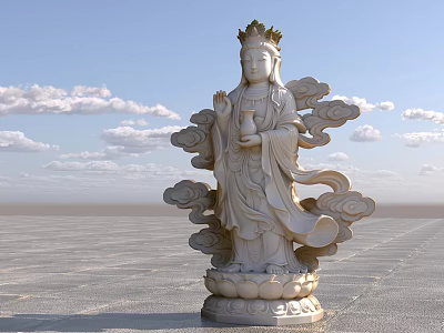 Exquisite Traditional Guanyin Stone Sculpture With Lotus Base And Cloud Patterns 3d model