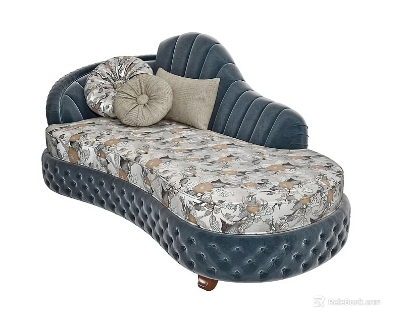 Navy Blue Tufted Chaise Lounge with Floral Patterned Cushion and Decorative Pillows 3d model 