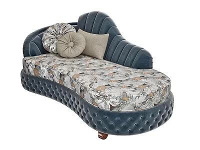 Navy Blue Tufted Chaise Lounge with Floral Patterned Cushion and Decorative Pillows 3d model