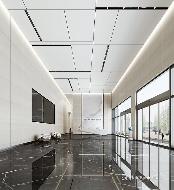 Spacious Modern Front Desk Reception Area With Marble Floor Large Windows And Minimalist Ceiling Design 3d model