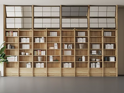Modern Wooden Bookcase With Glass Doors Open Shelves Books Decor And Potted Plant 3d model