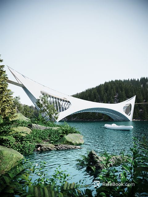 Modern White Landscape Bridge Design Over Lake With Forest Trees Rocks And Boat 3d model 